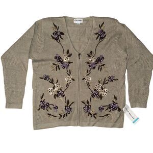 Alfred Dunner Women's L Brown Wool blend‎ Floral Embroidered Full Zip Sweater